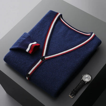 Autumn And Winter New Men's Cashmere Sweater V-Neck Color Contrast Long-Sleeved Cardigan Loose Large Coat 100 Pure Wool Knitting