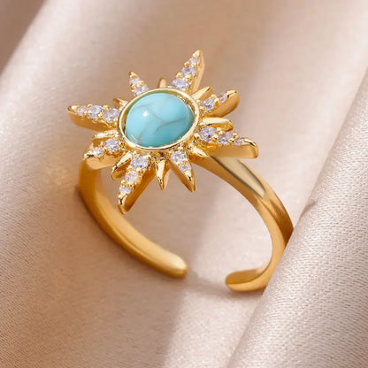 Zircon Opal Sun Rings For Women Stainless Steel Gold Plated Sun Ring Aesthetic Wedding Party Jewelry Gift Accessories BFF 2024