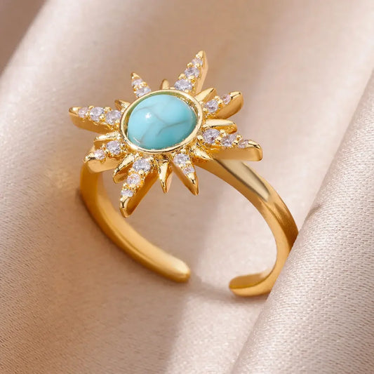 Zircon Opal Sun Rings For Women Stainless Steel Gold Plated Sun Ring Aesthetic Wedding Party Jewelry Gift Accessories BFF 2024