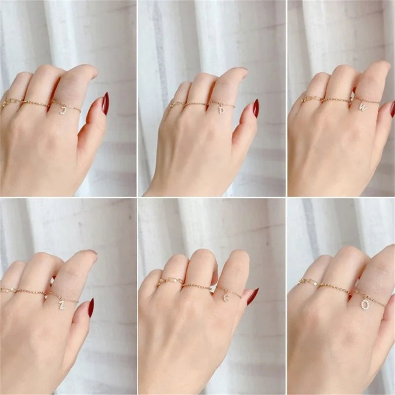 925 Sterling Silver Electroplated 18K Gold Inlaid Zircon Letter Chain Ring for Women Fashionable Simple Adjustable Ring