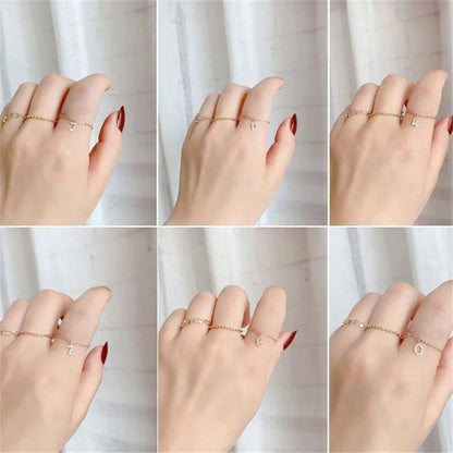 925 Sterling Silver Electroplated 18K Gold Inlaid Zircon Letter Chain Ring for Women Fashionable Simple Adjustable Ring