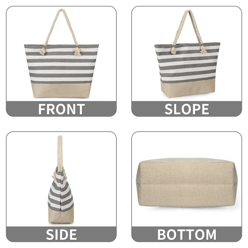 Striped Zipper Outer Bag For Outdoor Travel Vacation Waterproof Canvas Shoulder Bag Convenient Folding Beach Bag Shopping Totes