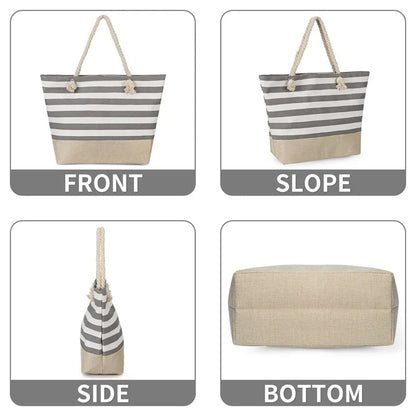 Striped Zipper Outer Bag For Outdoor Travel Vacation Waterproof Canvas Shoulder Bag Convenient Folding Beach Bag Shopping Totes