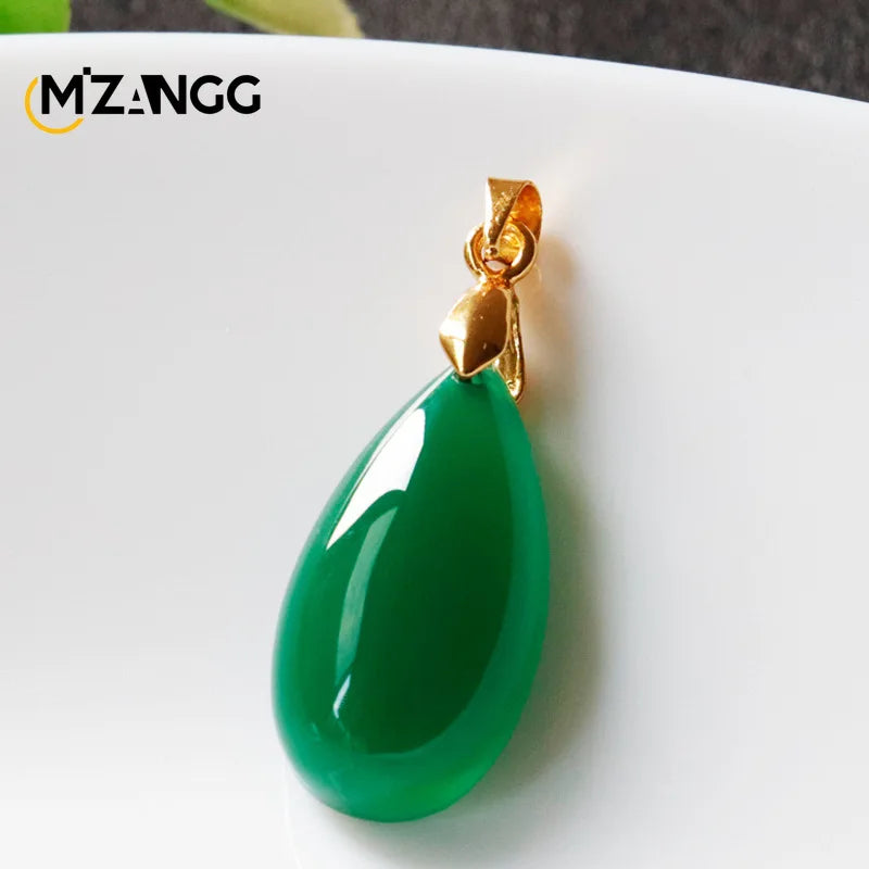Natural Agate Drop Pendant Green Chalcedony Necklace Fashion Luxury Jewelry for Girlfriend Mother Holiday Gift