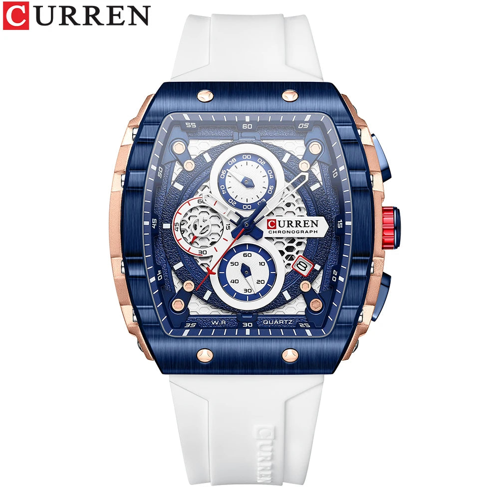 CURREN New Fashion Square Dial & Silicone Strap  Mens Watches Luxury Sport Waterproof Watch Man Chronograph Quartz WristWatches
