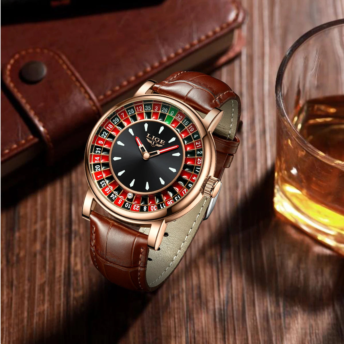 LIGE Quartz Man Watch Fashion Luxury Creative Roulette Game Dial Design Leather Casual Life Waterproof Watches for Men Gifts+Box