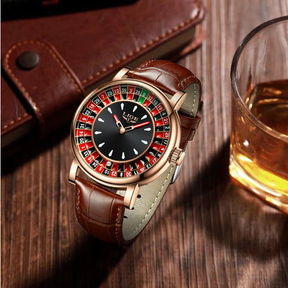 LIGE Quartz Man Watch Fashion Luxury Creative Roulette Game Dial Design Leather Casual Life Waterproof Watches for Men Gifts+Box