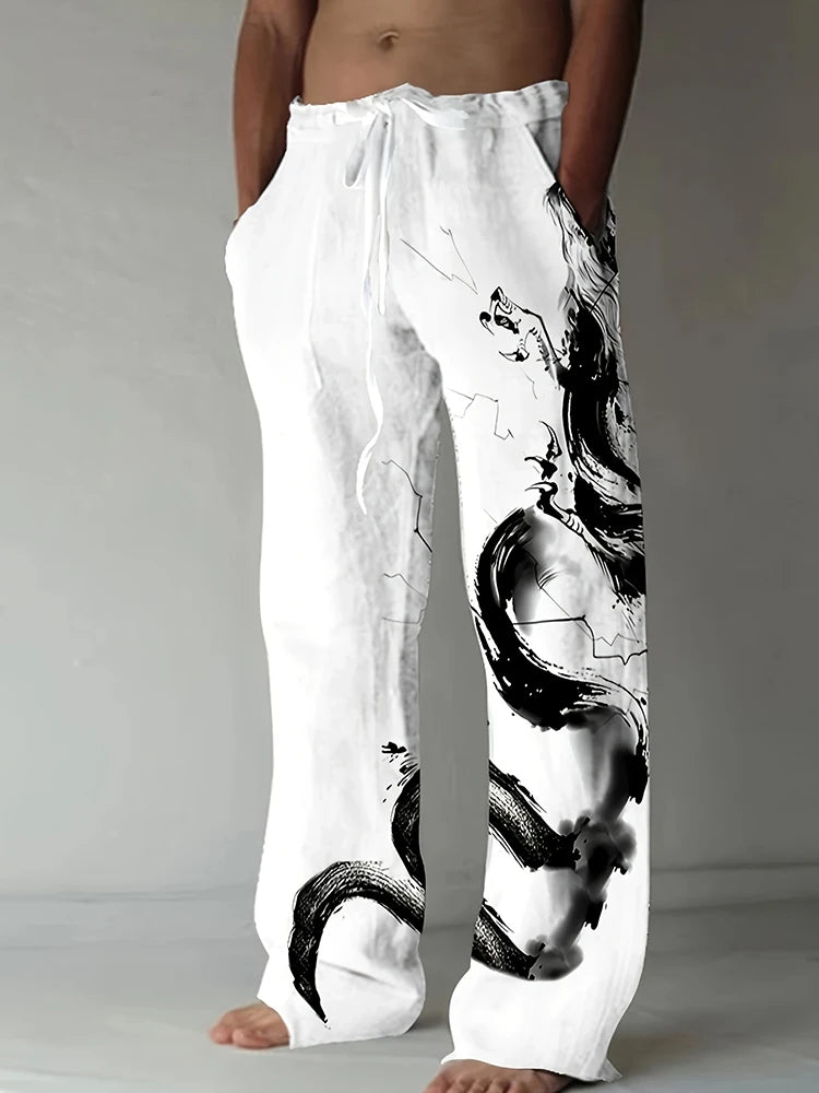 Spring Summer Men's Cool Touch Trousers Dragon Print Stretch Large Size Breathable Trousers Hawaii Beach Drawstring Trousers