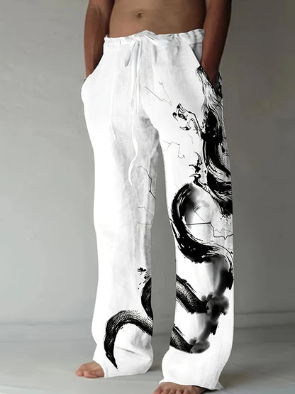 Spring Summer Men's Cool Touch Trousers Dragon Print Stretch Large Size Breathable Trousers Hawaii Beach Drawstring Trousers