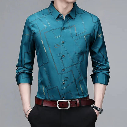 Men's Casual and Fashionable Long Sleeved Printed Shirt Non Ironing and Wrinkle Resistant Business Top