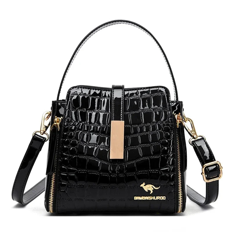 Women Patent Leather Handbag High Quality lnterior Slot Pocket Leather Bucket Bag Female Shoulder Bag Luxury Brand Crossbody Bag