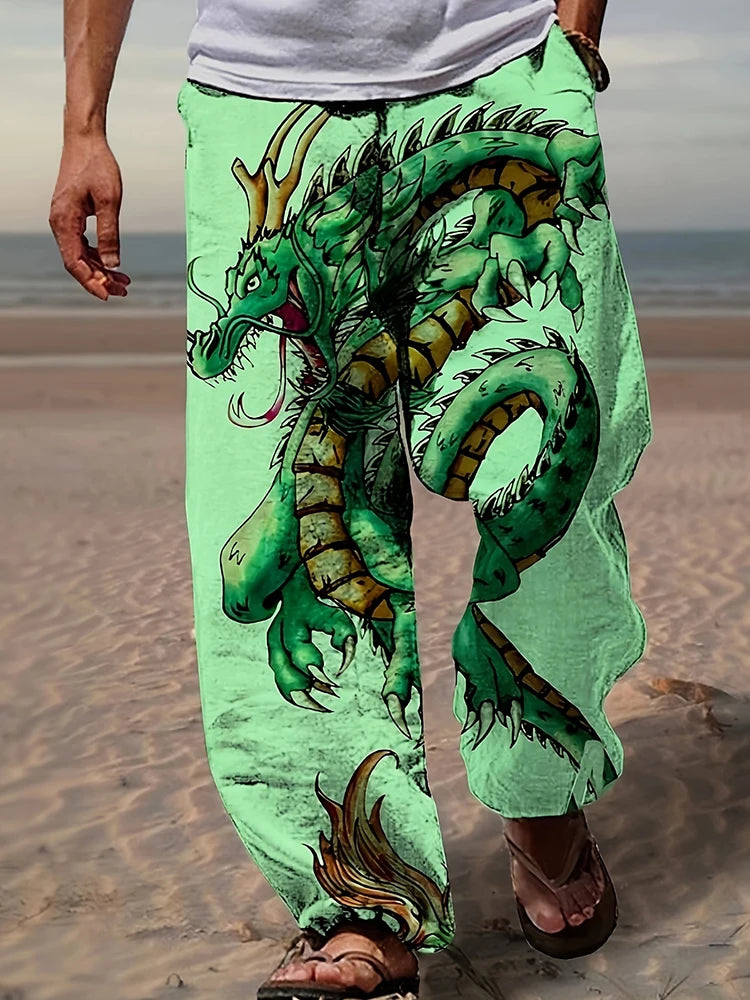 Spring Summer Men's Cool Touch Trousers Dragon Print Stretch Large Size Breathable Trousers Hawaii Beach Drawstring Trousers