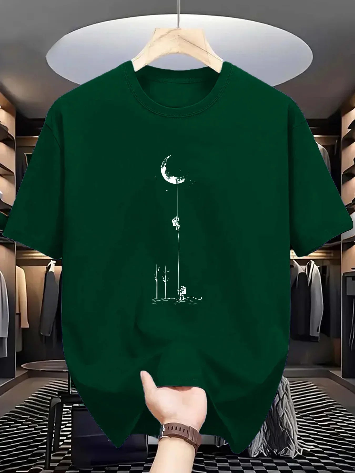 Summer Men's Casual Loose Accessories Plus Size Moon Landing Pattern Printed Round Neck Short Sleeve T-Shirt Top