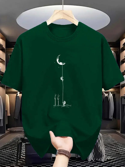 Summer Men's Casual Loose Accessories Plus Size Moon Landing Pattern Printed Round Neck Short Sleeve T-Shirt Top
