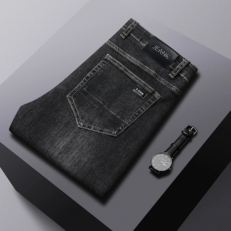 Autumn Winter Cotton Smoke Gray Men's Loose Straight Jeans Business Casual Elastic All-match Pants Denim Trousers Male Brand