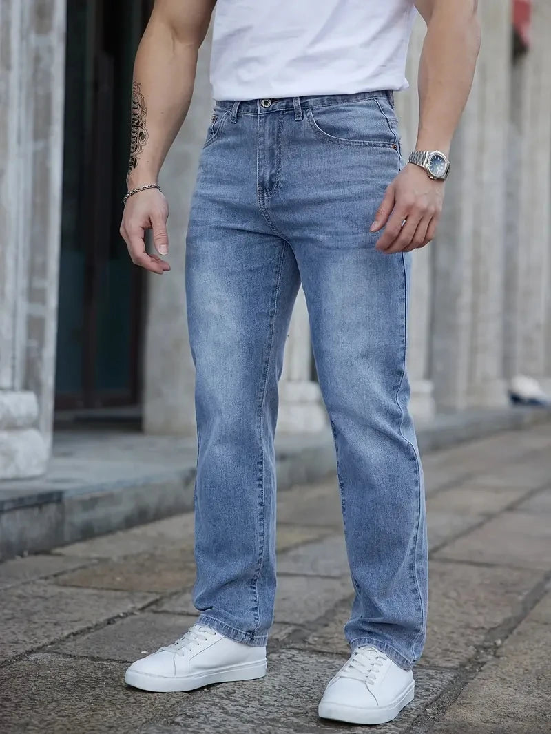 2025 Summer Thin Men's Stretch Baggy Jeans  Elastic Waist Embroidery Business Casual Straight Denim Trousers Classic Style Male