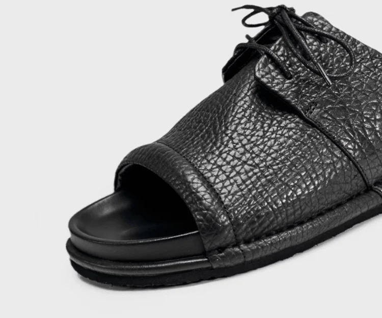 Summer Fashion Mens Lace Up Open Toe Cowhide Genuine Leather Slippers Casual Outside Beach Shoes Rome Flats Soft Platform Slides