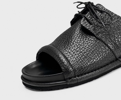 Summer Fashion Mens Lace Up Open Toe Cowhide Genuine Leather Slippers Casual Outside Beach Shoes Rome Flats Soft Platform Slides