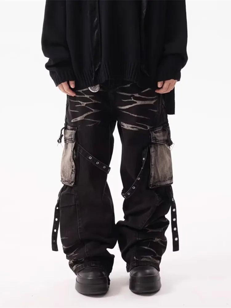 2025 Cyber Y2K Streetwear Ripple Strap Baggy Cargo Jeans Pants For Men Designer Clothes Wide Leg Black Multi Pockets Trousers