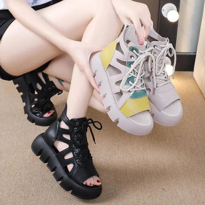 2025 New Women's Chunky Platform Gladiator Sandals - Breathable Color Block Strappy Summer Shoes