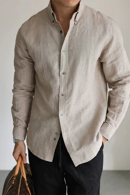 Mens American Cotton Linen Work Shirt Slim Fit Breathable Long Sleeve Business Casual Shirt Linen Sun Protection Shirt