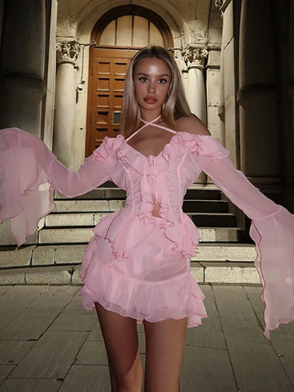 Chic Solid Women's Two Piece Suit Off The Shoulder Flare Sleeve Cascading Ruffle Top A-line Short Skirt 2025 Lady Causal Outfits