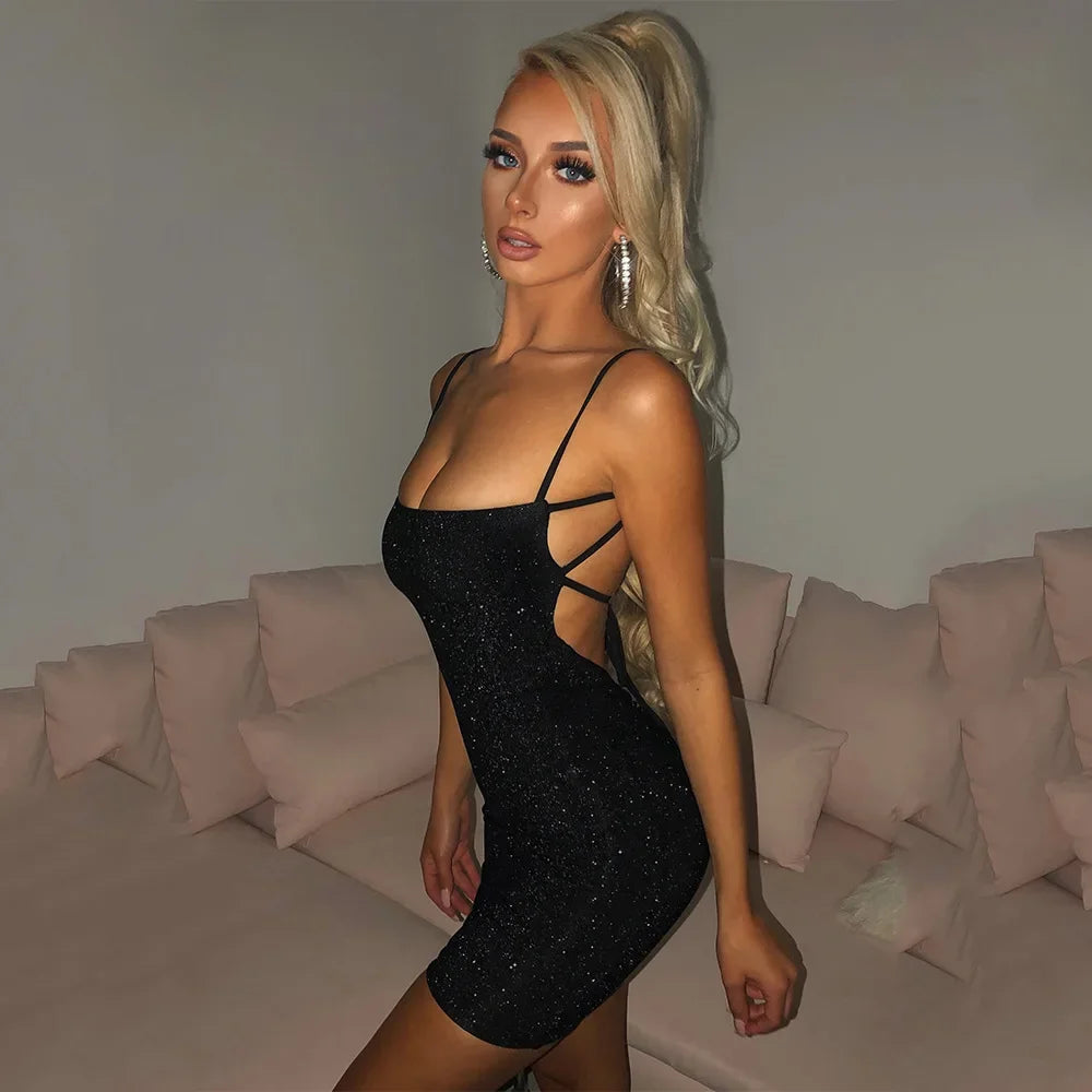 Bling Glitter Sequin Women Strap Mini Dress Ruched Lace Up Backless Bodycon Sexy Party Club Elegant Prom Y2K Clothes