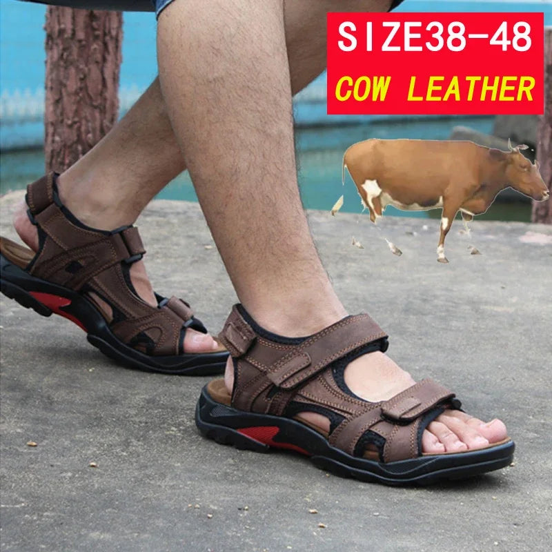COW LEATHER Men's Sandals Outdoor Beach Sports Shoes Genuine Leather GLADIATOR Sandals Light Open Toe Sandals Plus Size 38-48
