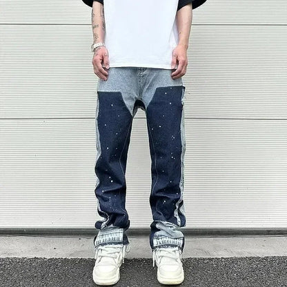 European and American high street men's washed jeans retro personalized straight-leg splicing flared pants trendy denim trousers