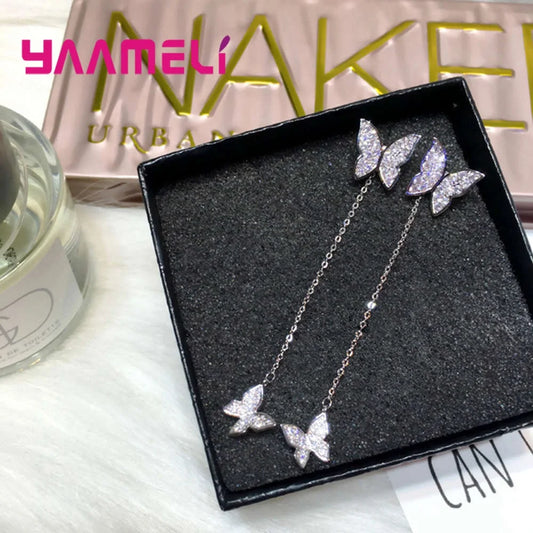 Solid 925 Silver Earring Cute Full Rhinestone Cubic Zircon Inlay Paved Butterfly Thread Pendientes Jewelry for Female Femme Gift