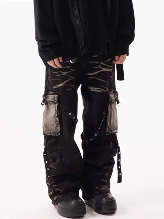 2025 Cyber Y2K Streetwear Ripple Strap Baggy Cargo Jeans Pants For Men Designer Clothes Wide Leg Black Multi Pockets Trousers