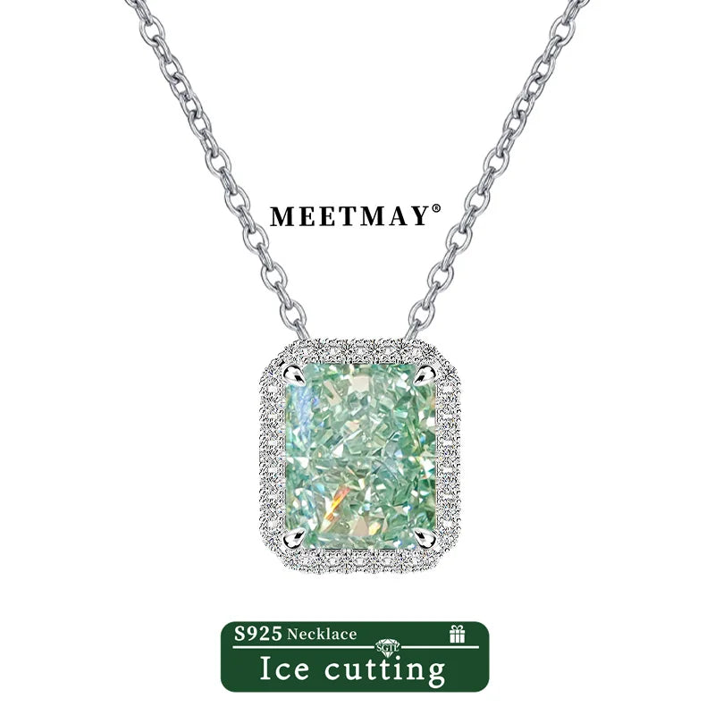S925 sterling silver plated platinum rectangular mint green sparkle ice cut zircon pendant necklace for women fine jewelry gifts