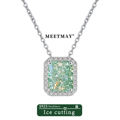 S925 sterling silver plated platinum rectangular mint green sparkle ice cut zircon pendant necklace for women fine jewelry gifts