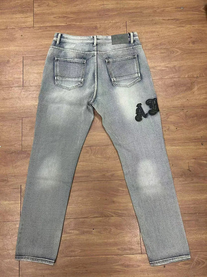 Mens Fashion Embroidery Casual Straight Hole Buckle Zipper Denim Long Pants Trousers Fashion Street Style Ripped Skinny Jeans