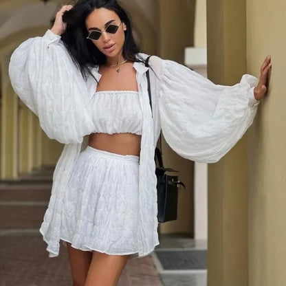 2024 Summer Casual Loose Green 3 Piece Sets Women Outfit Fashion Long Sleeve Top + Tube Top Matching High Waist Shorts Set New