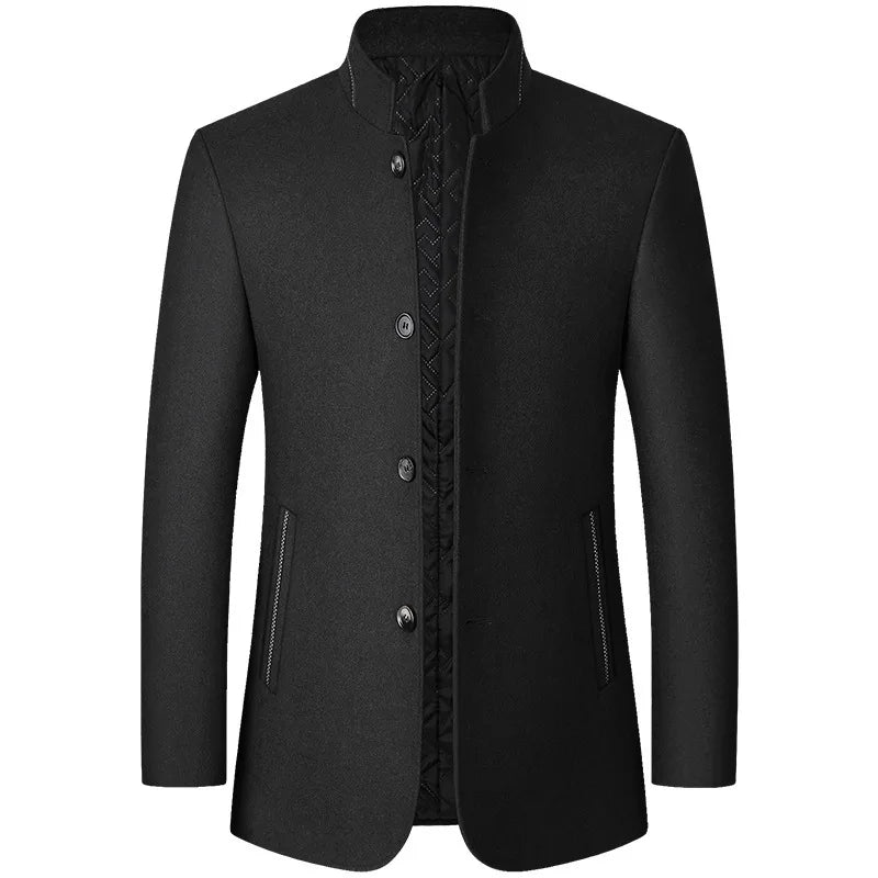 Mens Woolen Jacket Suit Stand-up Collar Middle-aged Autumn and Winter Woolen Men Jacket