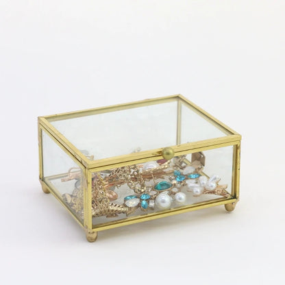 Retro Rectangle Transparent Golden Glass Ring Box Wedding Geometric Jewelry Organizer Home Decorative Box for Storage Trinket