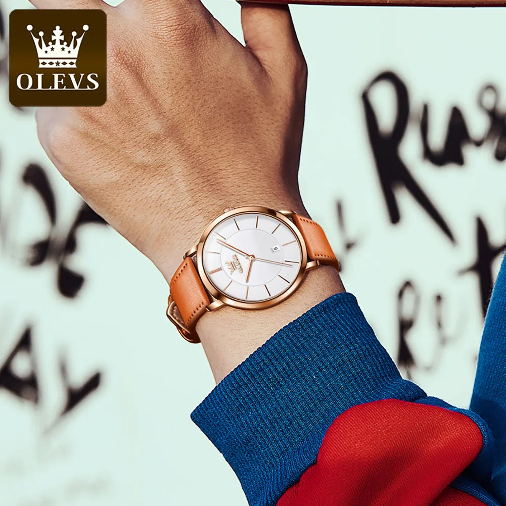 OLEVS 5869 Ultra Thin 6.5mm Quartz Watch for Men Fashion Leather Strap Simple Luxury Auto Date Clock Waterproof Men's Wristwatch