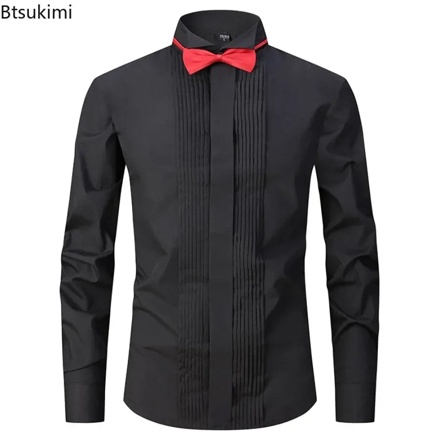 2025 Men's Tuxedo Long Sleeve Dress Shirts French Cufflinks Swallowtail Fold Design Party Prom Host Formal Shirt Gentleman Tops