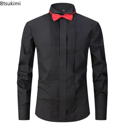 2025 Men's Tuxedo Long Sleeve Dress Shirts French Cufflinks Swallowtail Fold Design Party Prom Host Formal Shirt Gentleman Tops