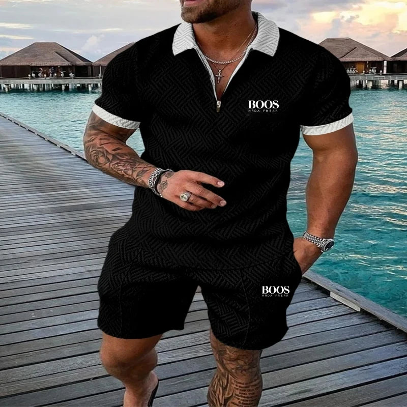 Summer men's embroidered high-quality zipper short sleeved shorts set, new fashionable and casual multifunctional beach set