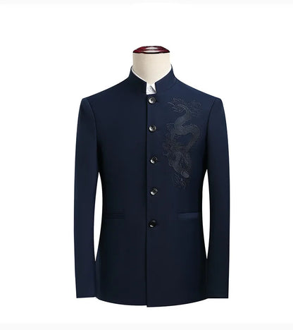 Elegant Black Chinese Dragon Embroidery Pattern Blazer for Men, Slim Fit Single-Breasted Gray Suit Jacket, Asian SizeM-6XL
