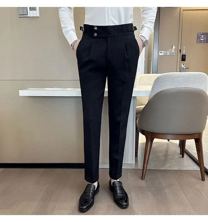 Top Brand Men Fashion Pantalones Hombre High Waist Waffle Business Casual Suit Pants Male Clothing Slim Fit Formal Wear Trousers