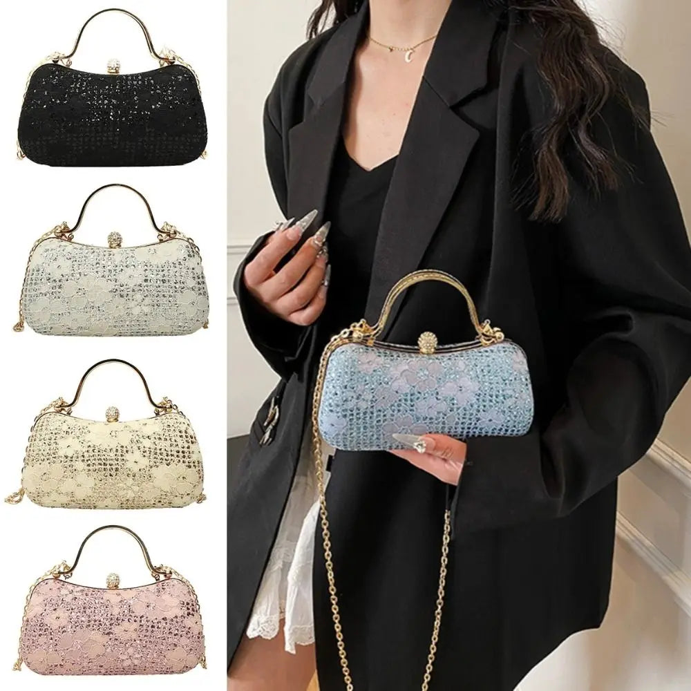 Elegant Luxury Evening Banquet Bag Shiny Flower Ladies Clutch Bag Rhinestone Metal Top Handle Chain Crossbody Bag Party