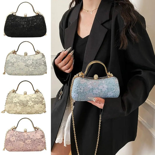 Elegant Luxury Evening Banquet Bag Shiny Flower Ladies Clutch Bag Rhinestone Metal Top Handle Chain Crossbody Bag Party