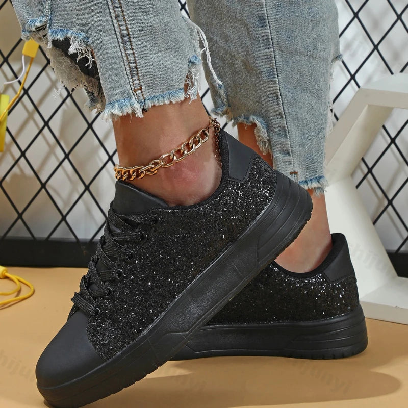 2024 New Women Platform Casual Sneakers Fashion Shiny Rhinestone Flat Shoes for Women Shining Crystal Sneaker Lacing Trend Shoes