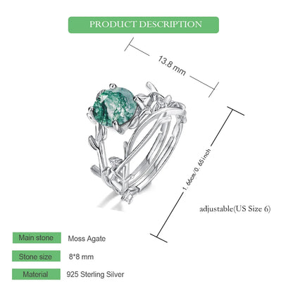 WES 925 Silver Unique Olive Branch Natural Gem 8*8mm Moss Agate Adjustable Ring Sets For Women Wedding Gifts Wholesale Jewelry