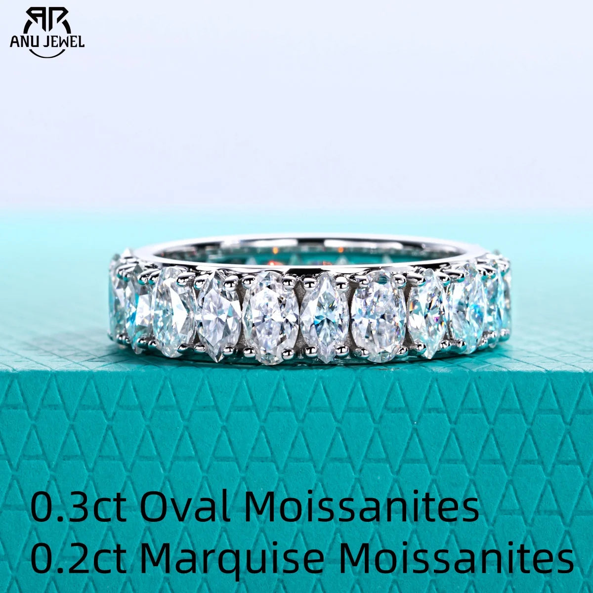 AnuJewel 0.3ct Oval & 0.2ct Marquise D Color Moissanite Eternity Ring 925 Sterling Silver Wedding Band Ring for Women Jewelry