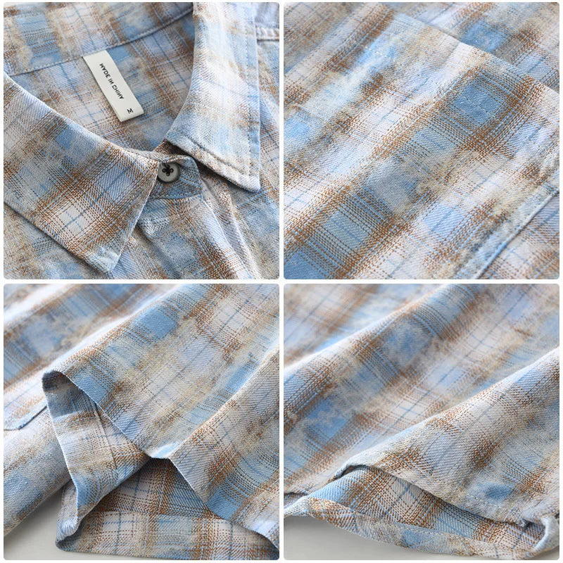 2025 Summer New 100% Cotton Casual Plaid Short Sleeve Shirt for Men Loose Turn-down Collar Shirt CM8265