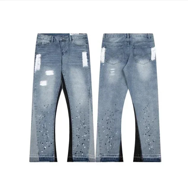 European and American high street men's washed jeans retro personalized straight-leg splicing flared pants trendy denim trousers